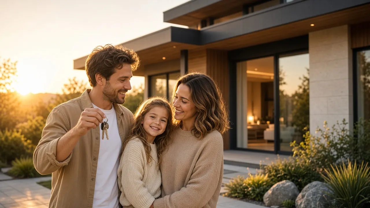 Happy family in front of their new home