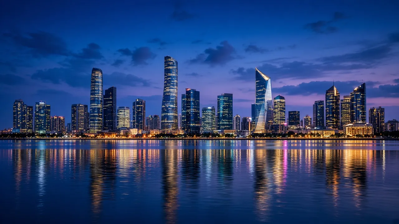 City skyline at blue hour for a lobby screen